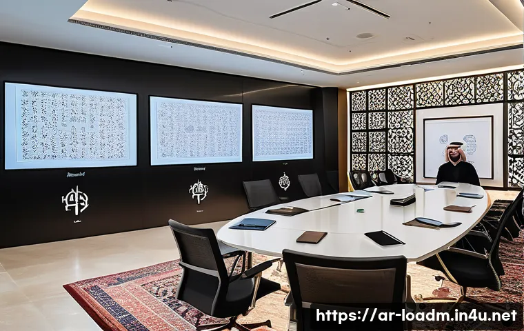 지방행정사 실무 연습 자료 - A modern local government office setting in an Arabic-speaking country, featuring a diverse team of ...
