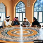 지방행정사 업무 중 자주 묻는 질문 - A vibrant community meeting in a modern urban setting in an Arabic-speaking region, featuring divers...